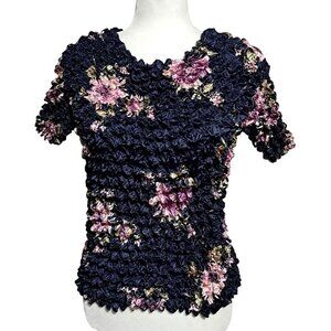 Vintage Navy Floral Shiny Popcorn Crop Top One Size Clubwear